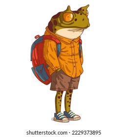 An Frog Person, isolated vector illustration. Cartoon picture of a casually dressed toad wearing a backpack. Drawn animal sticker. An anthropomorphic frog on white background. An animal character