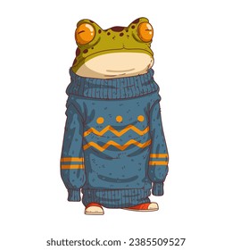 A Frog Person, isolated vector illustration. Cartoon picture of a toad in an oversized long-sleeved sweatshirt. Drawn animal sticker. An anthropomorphic frog on white background. An animal character.	