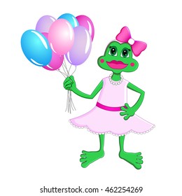 Frog in a pink dress with colored balloons