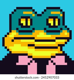 Frog pixel art character 8-bit, 80-s, avatar, anthropomorphic face toad, cartoon vector icon, game user, web profile persons, people, social net portrait,  minimalistic style. Non-fungible token.