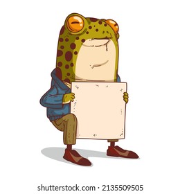 A Frog with a Placard, isolated vector illustration. Anthropomorphic toad, holding a blank copy space banner. An animal character with the human body. Advertisement banner. Social media post template