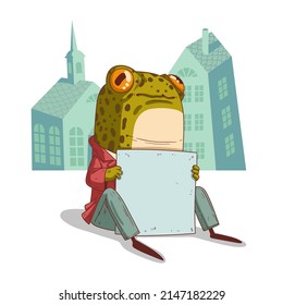 A Frog with a Placard, isolated vector illustration. Anthropomorphic toad, holding a blank copy space banner. An animal character with the human body. Advertisement banner. Social media post template