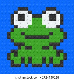 Frog from plastic building bricks blocks. Blue background. vector illustration.