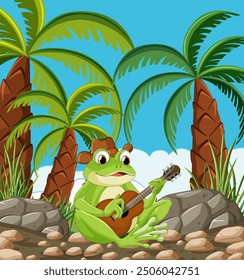 A frog playing guitar among palm trees