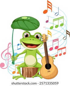 Frog playing guitar surrounded by colorful music notes