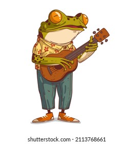 A frog playing guitar, vector illustration. Humanized musician frog. Cheerful anthropomorphic frog, wearing summer outfit and playing guitar with a glad face. An animal character with a human body