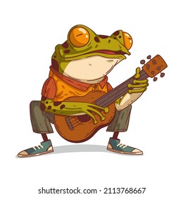 A frog playing guitar, vector illustration. Humanized musician frog. Cheerful anthropomorphic frog, sitting on his haunches and playing guitar with a glad face. An animal character with a human body