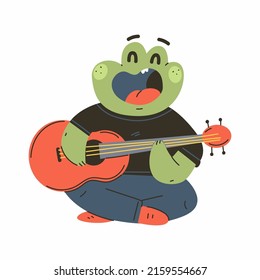 Frog playing on guitar vector cartoon musician animal character isolated on a white background.