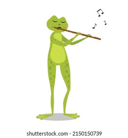 The frog plays the flute. Cute character in cartoon style.