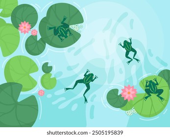 Frog in pond background. Cartoon frogs lake or swamp toad nature water faune, amphibian animals wildlife aquatic landscape, comic froglet sitting on lily swanky vector illustration original artwork