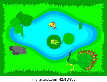 frog in the pond and the blossom lotus.