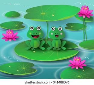 frog in the pond and the blossom lotus.paper art style.