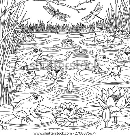 Frog Pond Nature Scene Coloring Page for Kids