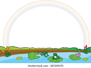frog in the pond with rainbow background