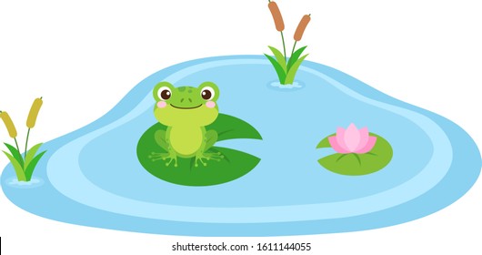 Frog in the pond vector illustration. Cute frog cartoon character design. Amphibian clip art sitting on a leaf in a pond or swamp. Adorable frog character graphic with flat style in vector eps 10. 