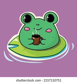 Frog in the pond vector illustration. Cute frog cartoon character design. Amphibian clip art sitting on a leaf in a pond or swamp. Adorable frog character graphic with flat style in vector eps 10. 