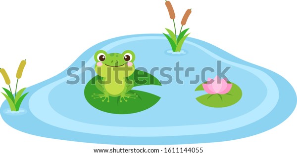 Frog in the pond vector illustration. Cute frog cartoon\
character design. Amphibian clip art sitting on a leaf in a pond or\
swamp. Adorable frog character graphic with flat style in vector\
eps 10. 