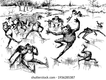 Frog Pond in the winter, vintage line drawing or engraving illustration.