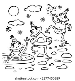 FROG POOL PARTY COLORING BOOK Funny Amphibians In Caps In The Pool With Swimming Circle And Bubble Straw Outdoor Picnic Monochrome Vector Sketch For Children