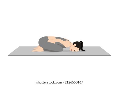 Frog Pose Iii Head Floor. Beautiful girl practice Mandukasana Sirsa Floor. Young attractive woman practicing yoga exercise. working out, black wearing sportswear, grey pants and top, indoor full