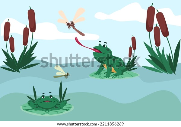 Frog poses. Cartoon green toads sitting on\
water lily leaves. Wild amphibian catching dragonfly. Funny happy\
froglets. Croaking aquatic animals. Pond with reeds. Vector\
illustration