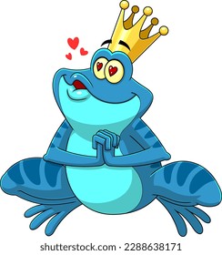 Frog Prince Cartoon Character In Love Sends Kisses. Vector Hand Drawn Illustration Isolated On Transparent Background