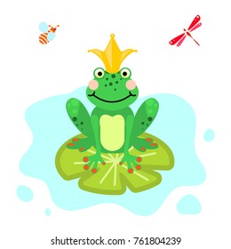 Frog prince cartoon green clip-art isolated vector. Pond life illustration.