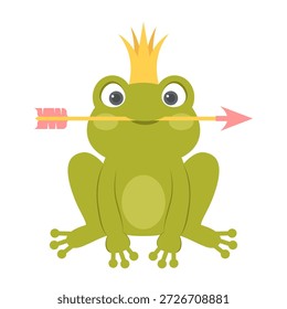 Sapo príncipe, sapo bonito, seta cupid, sapo de desenho animado, sapo engraçado, coroa real, personagem de cartão, vetor plano, ilustrações crianças