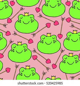 The Frog prince illustration. Frog prince seamless pattern. Cute pattern with frog prince in crown and arrows