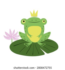 Frog prince on lily pad. Cartoon vector illustration of green frog with crown.