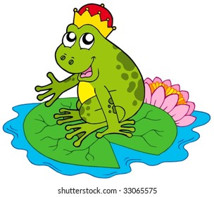 Frog prince on water lily - vector illustration.