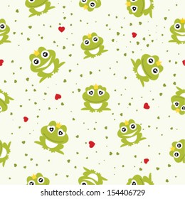 Frog Prince, frog princess - seamless background. Vector pattern with funny frogs and hearts. 