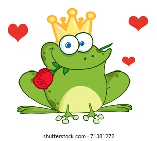 Frog Prince With A Rose In Mouth And Red Hearts