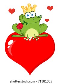 Frog Prince With A Rose Over Red Heart