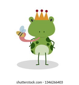 The frog prince vector cartoon isolated on white background. The frog with crown on head. The frog prince fairy tale vector illustration. 