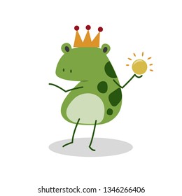 The frog prince vector cartoon isolated on white background. The frog with crown on head. The frog prince fairy tale vector illustration. 