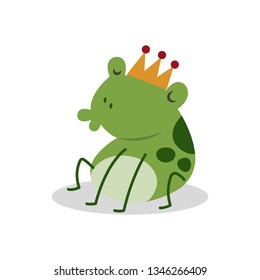 The frog prince vector cartoon isolated on white background. The frog with crown on head. The frog prince fairy tale vector illustration. 