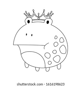 The frog prince vector illustration cartoon isolated on white background. Funny fat prince frog with crown cartoon colorless for coloring book. 