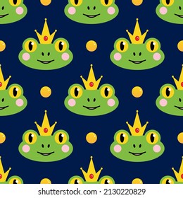 Frog prince vector seamless pattern background with green frog character wearing crown.
