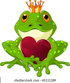 Frog Prince waiting to be kissed, holding a heart.