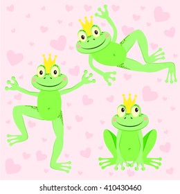 Frog prince wearing a crown. Vector clip art illustration. The frog in the crown in three versions.