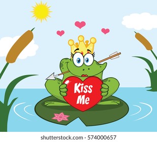Frog Princess Cartoon Mascot Character With Crown And Arrow Holding A Heart With Text Kiss Me Perched On A Pond Lily Pad In Lake. Vector Illustration With Background