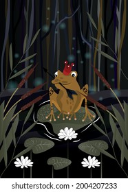 The frog princess. Fairy tale. Vector illustration for a book. Modern style. Scandinavia. Folklore. A cute character. Arrow.