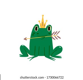 The Frog Princess. Funny fairytale toad with a crown holding an arrow in his mouth. The magic character of a children's fairy tale