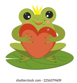 The frog princess with a heart in her hands and a crown sits on a leaf of a water lily