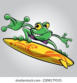 Frog with purple swimming shorts on a yellow surfboard. Frog mascot of a surf club. Sport illustration concept.