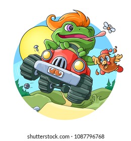 Frog Racer. A colored Illustration with a circle background