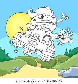Frog Racer. A coloring book page with Color Background