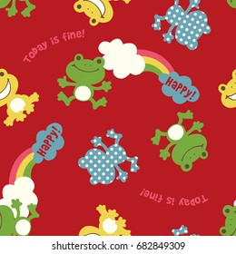 Frog and rainbow repeat design seamless texture Red