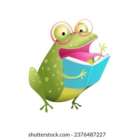 Frog reading a book, education and study character illustration for children. Toad wearing glasses reading a book for school or library. Isolated vector clip art cartoon in watercolor style for kids.